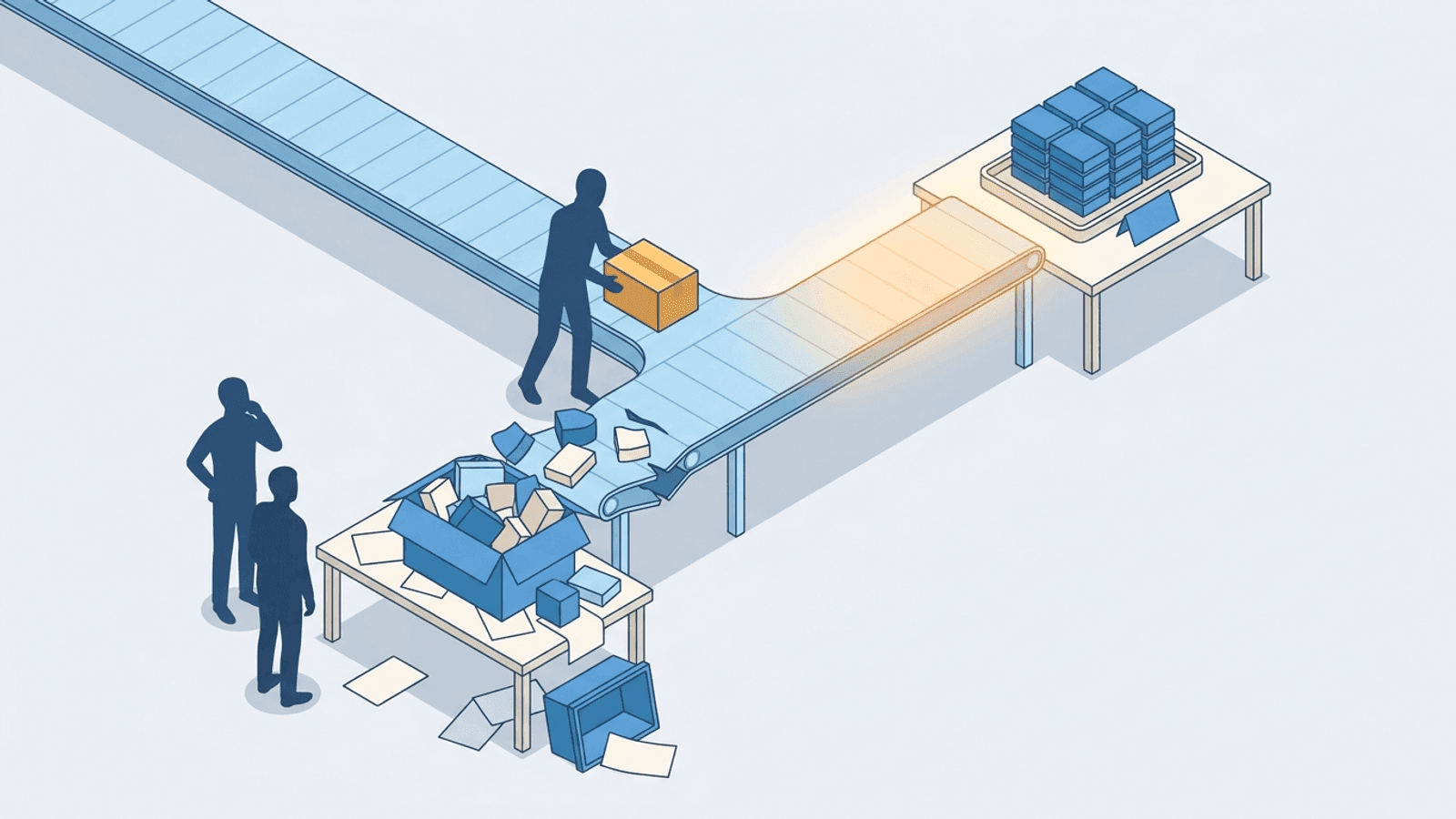 Polished verbal delivery separating cleanly from an unresolved customer issue, showing two opposite truths existing within the same conversation.
