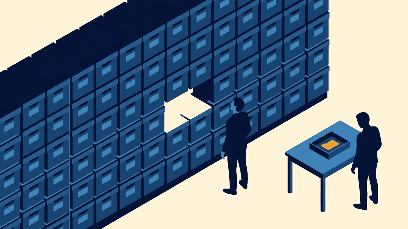A sparse deal summary card in a handover tray contrasted with an extensive chronological filing rack documenting every customer commitment and risk.