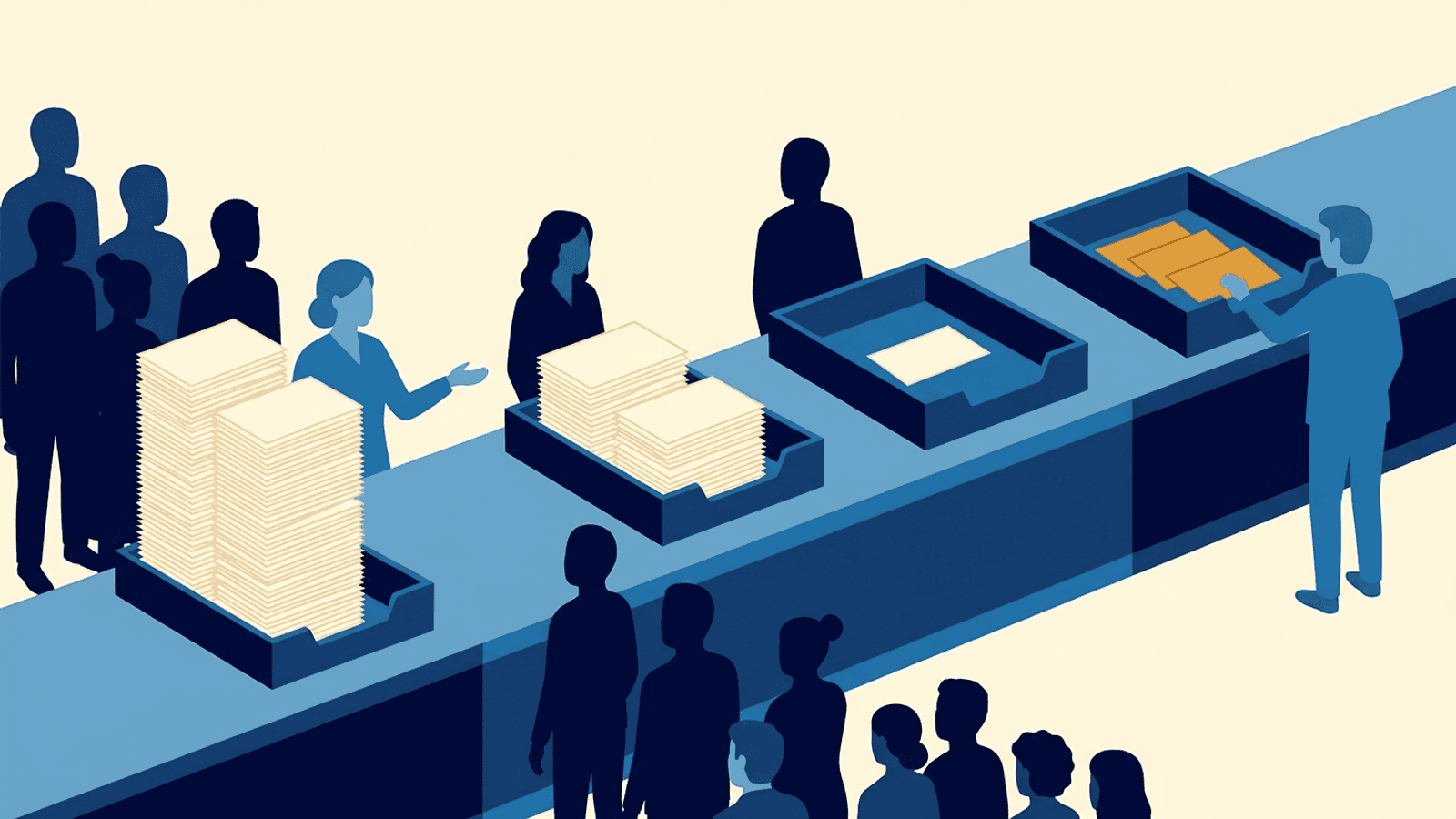 Patient inquiry cards significantly diminishing in volume as they move between reception intake trays toward scheduling.
